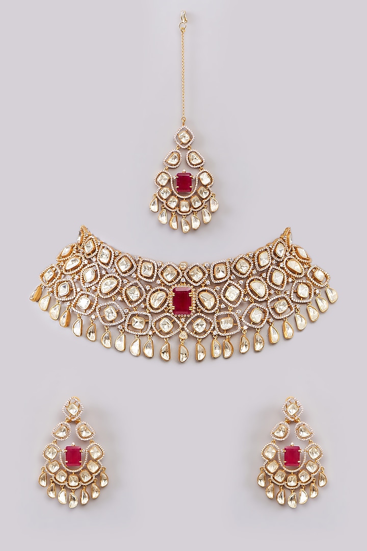 Gold Plated Moissanite Polki & Red Stone Necklace Set by Zevar By Geeta at Pernia's Pop Up Shop